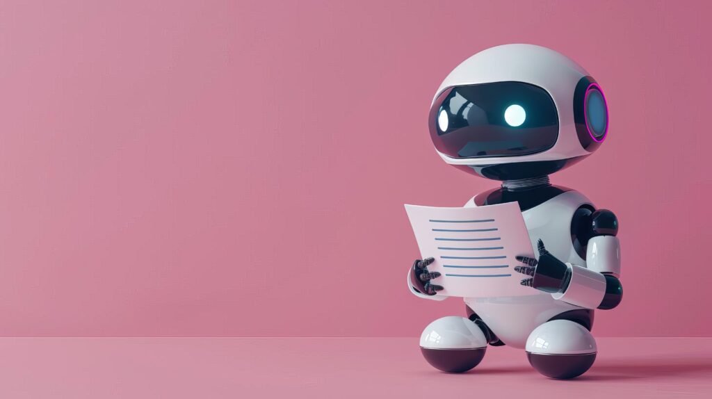 Robot holding a document with pink background